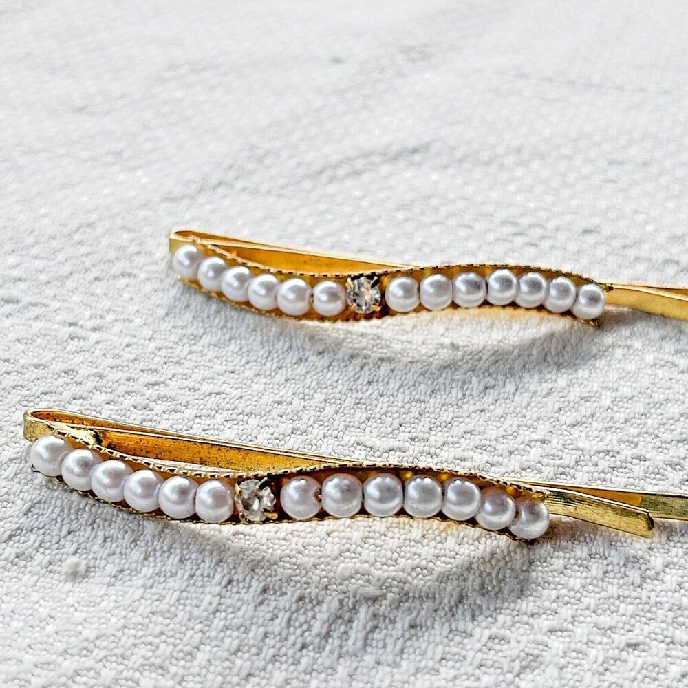 Vintage 1950s Gold Tone Barrette Pair Faux Pearl Hair Clips Retro Bridal